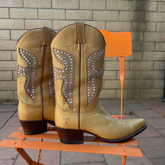 Frye Gold cowboy Boots with pink Swarovski Crystals
